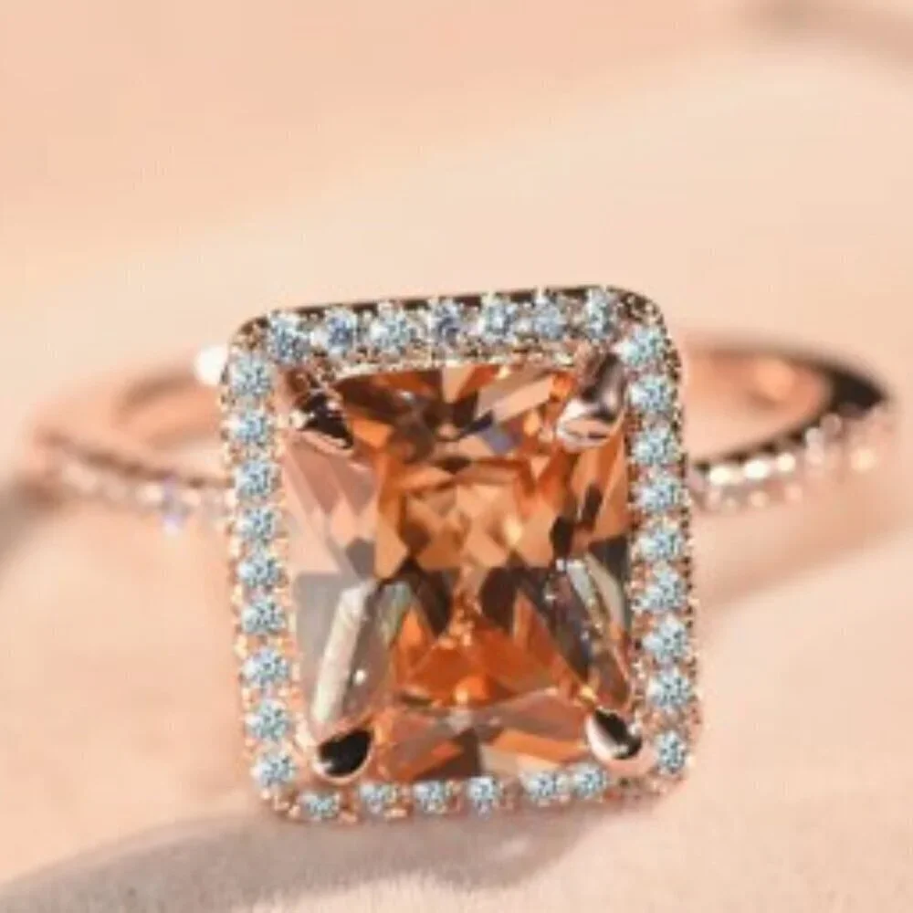 Champagne Square Ring 18k Gold Plated Inlaid Zirconia Size 8